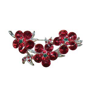 Vtg Red Rhinestone Floral Brooch Pin Silver-Tone Metal Backing & Green Accents